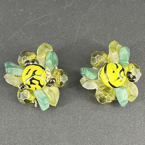 Estate Vintage Cluster Clip On Green Yellow Beaded Earrings Signed West Germany
